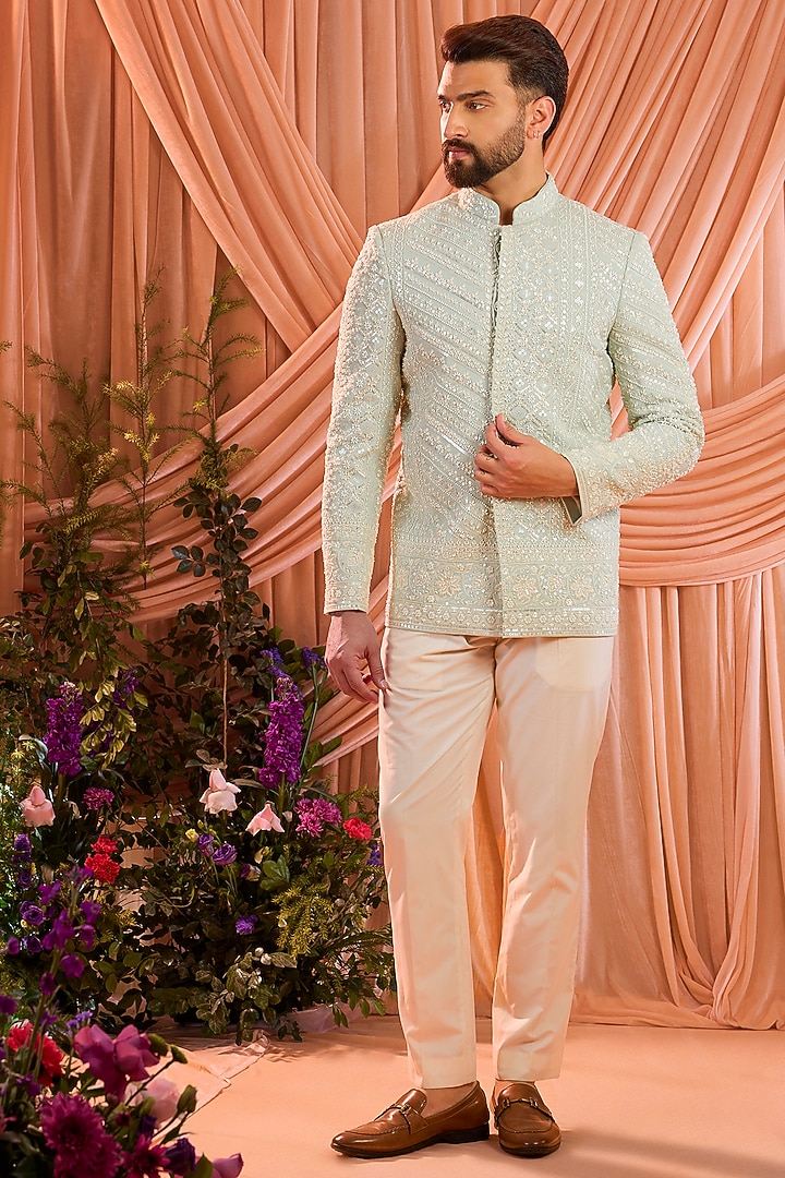 Aqua Blue Georgette Hand Embroidered Wedding Bandhgala by Kasbah Clothing at Pernia's Pop Up Shop