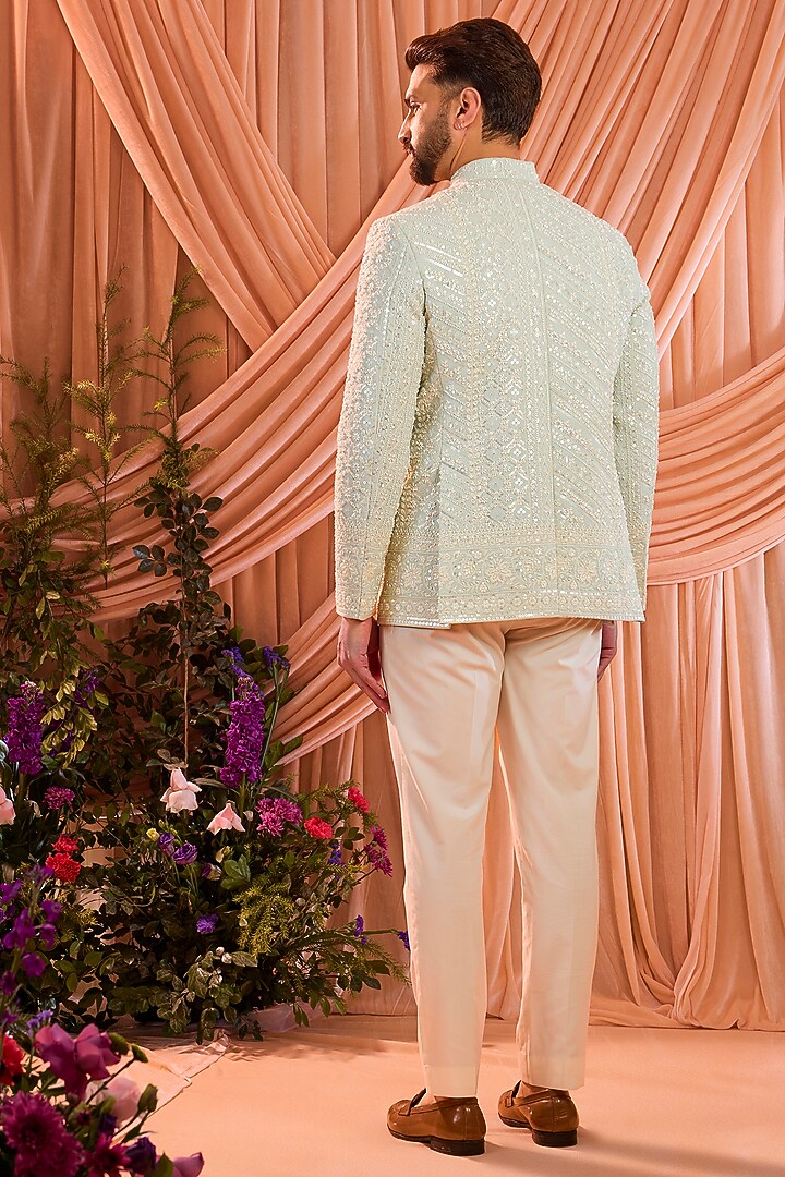 Aqua Blue Georgette Hand Embroidered Wedding Bandhgala by Kasbah Clothing at Pernia's Pop Up Shop
