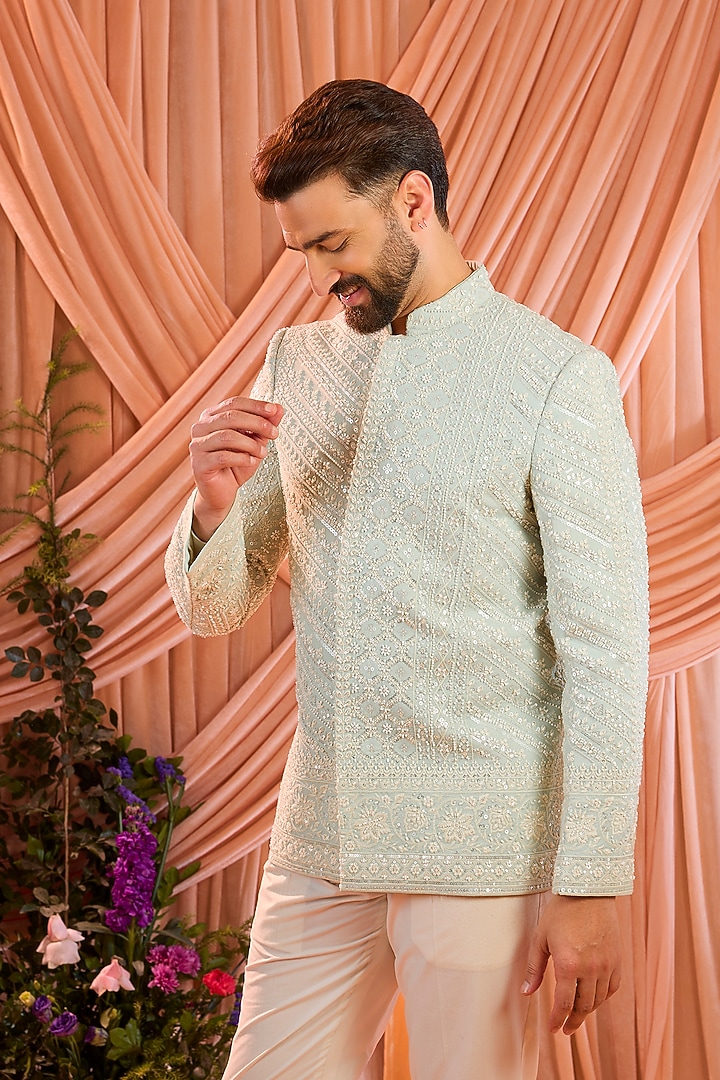 Aqua Blue Georgette Hand Embroidered Wedding Bandhgala by Kasbah Clothing at Pernia's Pop Up Shop