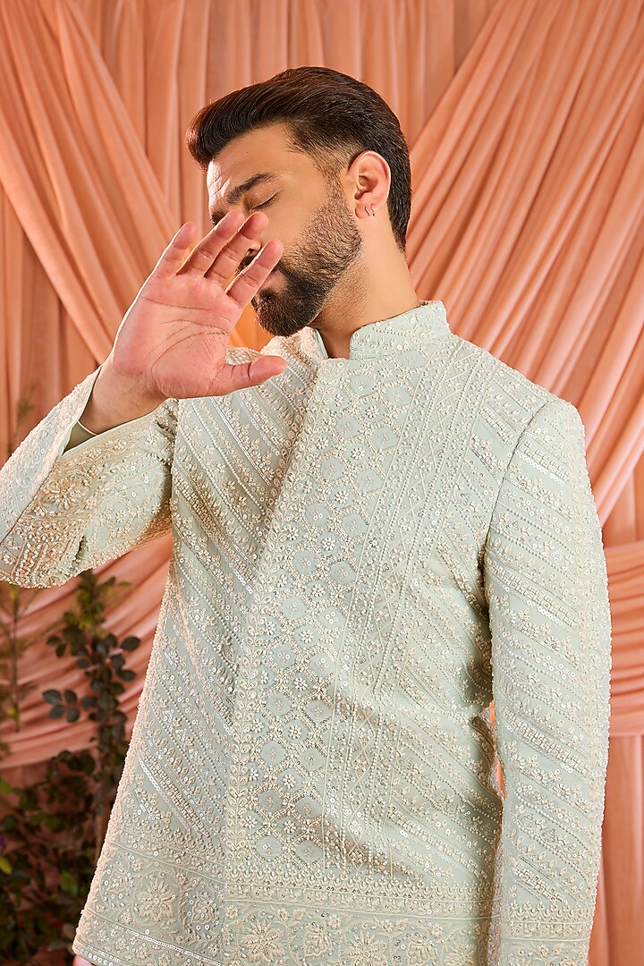 Aqua Blue Georgette Hand Embroidered Wedding Bandhgala by Kasbah Clothing at Pernia's Pop Up Shop