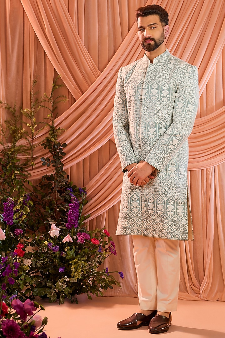 Aqua Blue Silk Sequin Embellished Wedding Sherwani by Kasbah Clothing at Pernia's Pop Up Shop