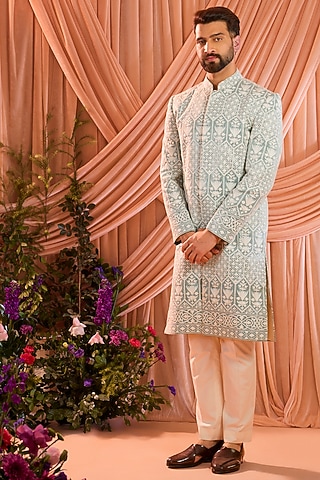 Aqua Blue Silk Sequin Embellished Sherwani by Kasbah Clothing