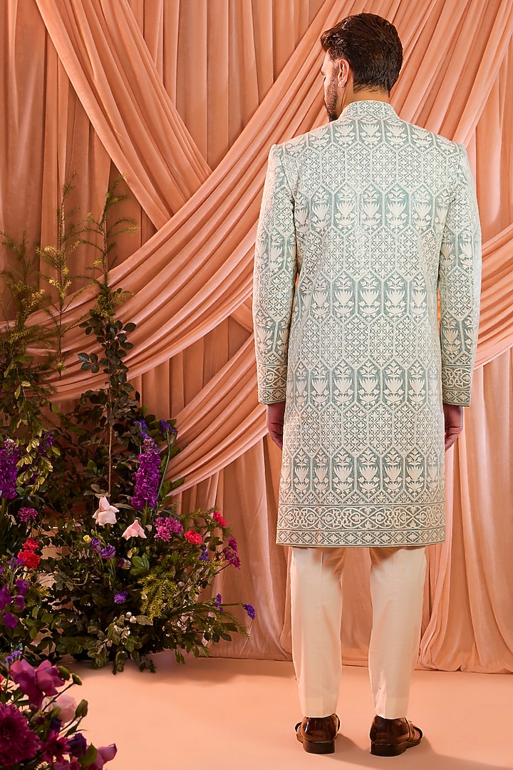 Aqua Blue Silk Sequin Embellished Wedding Sherwani by Kasbah Clothing at Pernia's Pop Up Shop