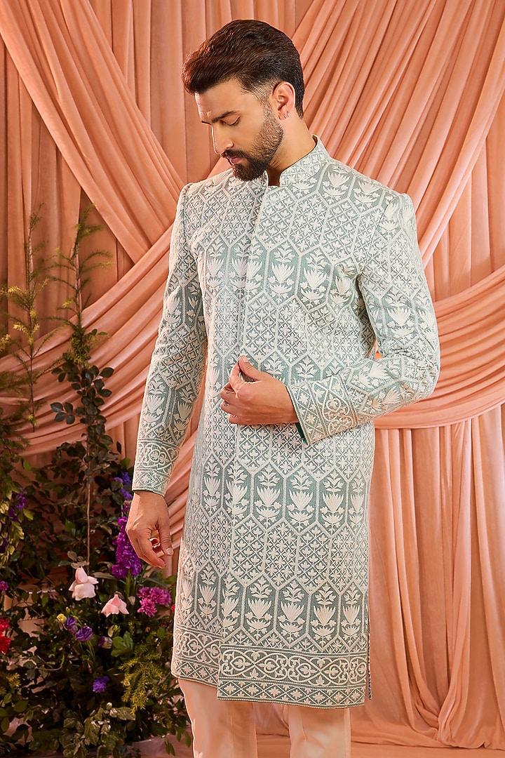Aqua Blue Silk Sequin Embellished Wedding Sherwani by Kasbah Clothing at Pernia's Pop Up Shop