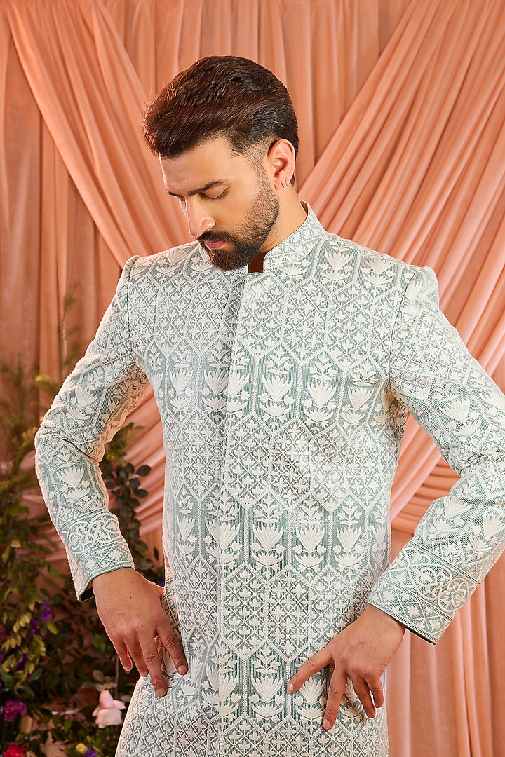 Aqua Blue Silk Sequin Embellished Wedding Sherwani by Kasbah Clothing at Pernia's Pop Up Shop