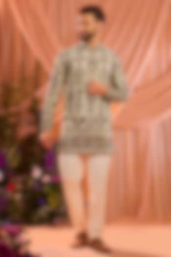 Light Golden Tissue Threadwork Chikankari Short Kurta by Kasbah Clothing at Pernia's Pop Up Shop