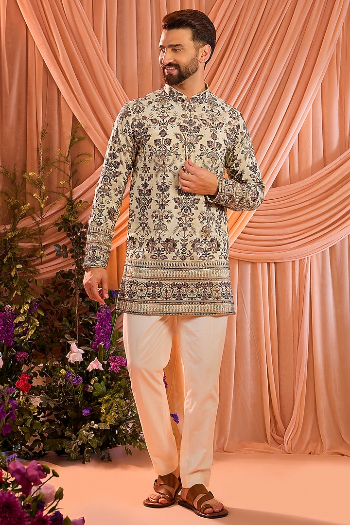 Light Golden Tissue Threadwork Chikankari Short Kurta by Kasbah Clothing at Pernia's Pop Up Shop