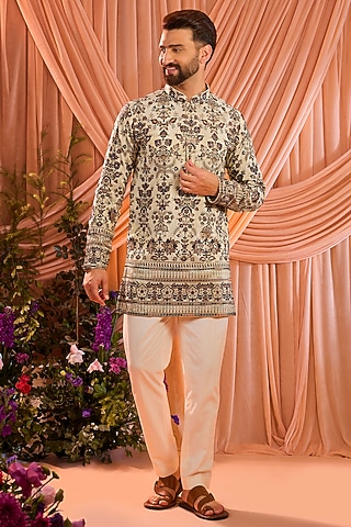 Light Golden Tissue Threadwork Chikankari Short Kurta by Kasbah Clothing