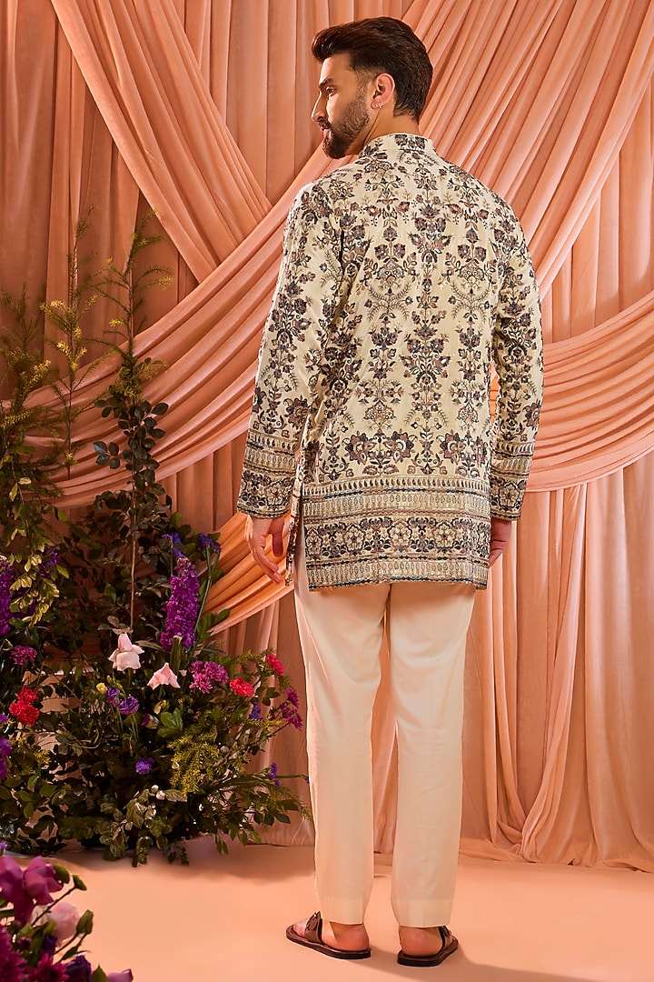 Light Golden Tissue Threadwork Chikankari Short Kurta by Kasbah Clothing at Pernia's Pop Up Shop