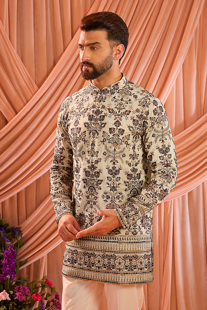 Light Golden Tissue Threadwork Chikankari Short Kurta by Kasbah Clothing at Pernia's Pop Up Shop