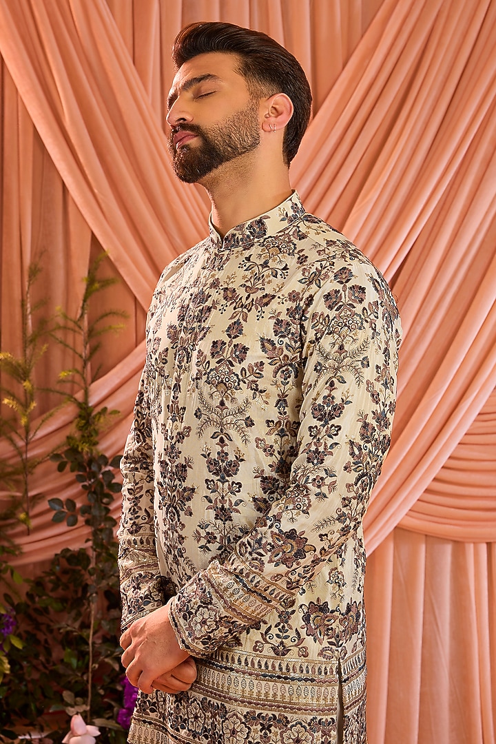 Light Golden Tissue Threadwork Chikankari Short Kurta by Kasbah Clothing at Pernia's Pop Up Shop