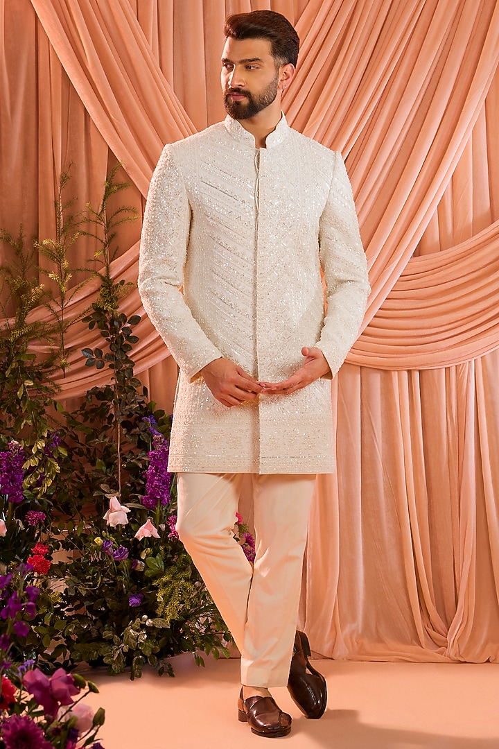 Ivory Georgette Hand Embroidered Wedding Sherwani by Kasbah Clothing at Pernia's Pop Up Shop