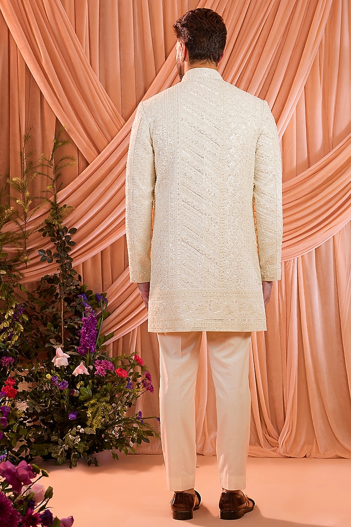 Ivory Georgette Hand Embroidered Wedding Sherwani by Kasbah Clothing at Pernia's Pop Up Shop