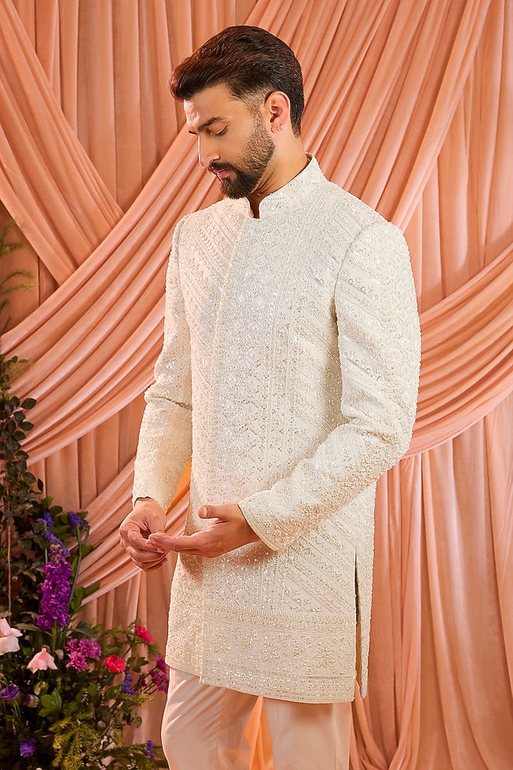 Ivory Georgette Hand Embroidered Wedding Sherwani by Kasbah Clothing at Pernia's Pop Up Shop