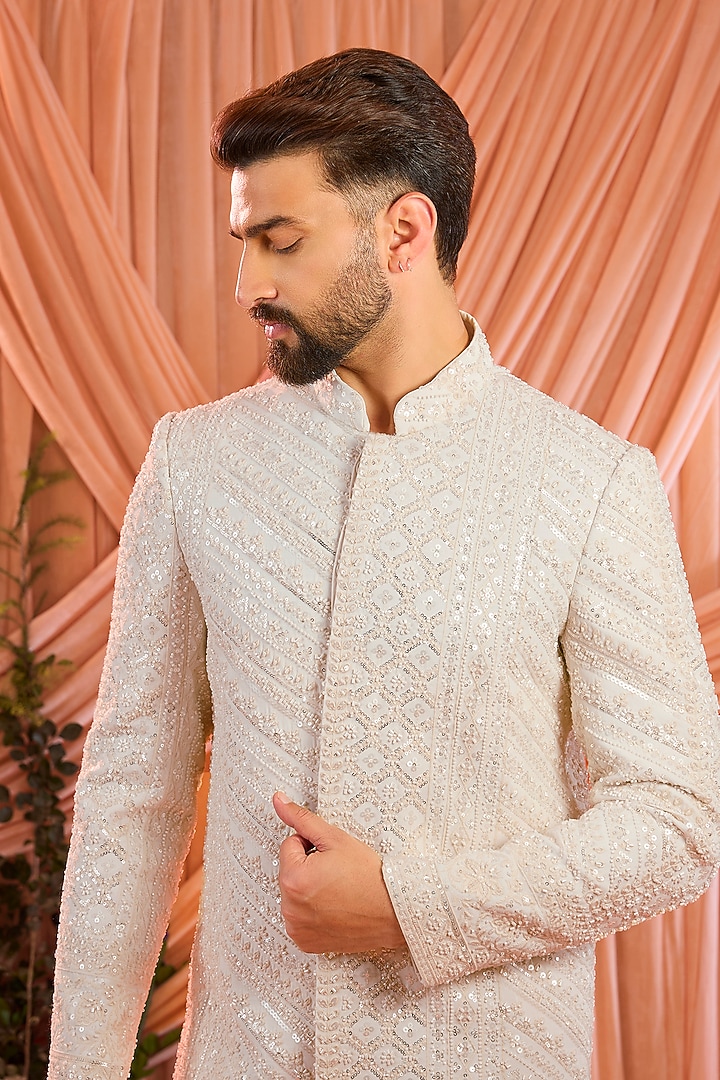Ivory Georgette Hand Embroidered Wedding Sherwani by Kasbah Clothing at Pernia's Pop Up Shop
