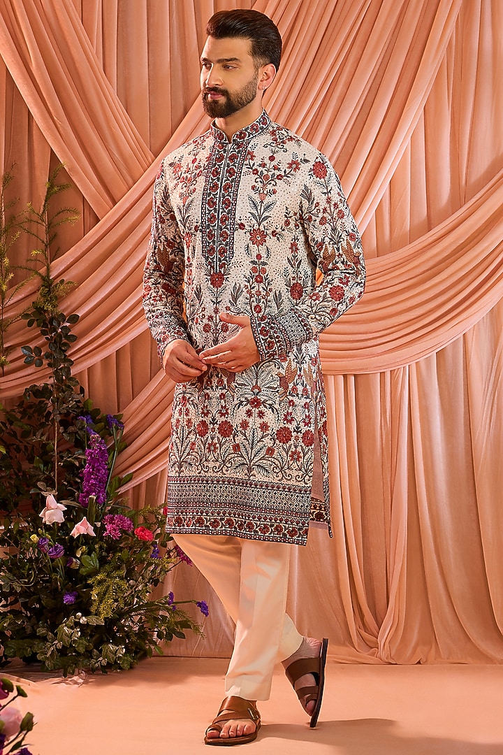White Georgette Chikankari Floral Embroidered Kurta by Kasbah Clothing at Pernia's Pop Up Shop