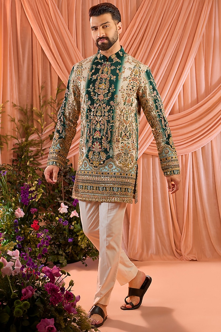 Green Crepe Silk Floral Embroidered Short Kurta by Kasbah Clothing at Pernia's Pop Up Shop