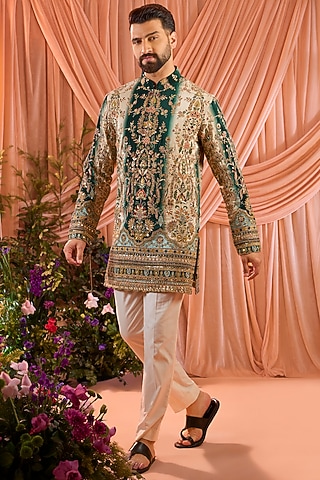 Green Crepe Silk Floral Embroidered Short Kurta by Kasbah Clothing