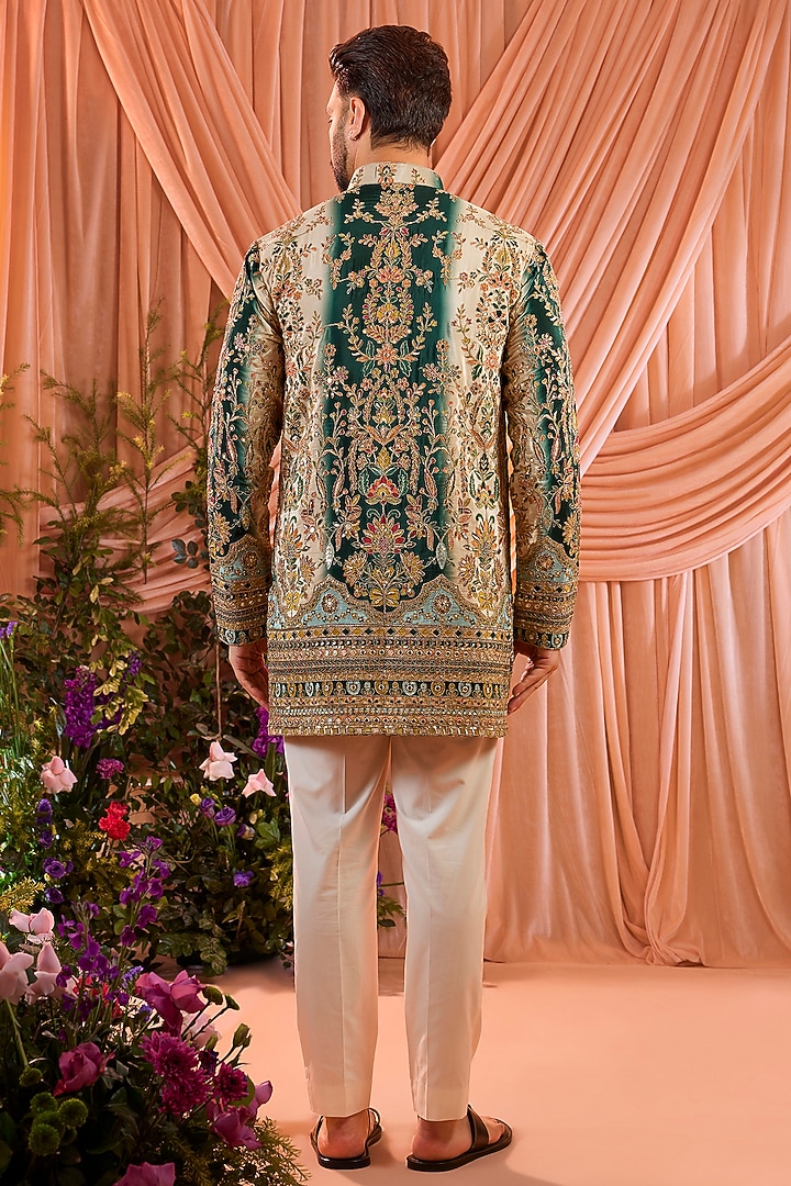 Green Crepe Silk Floral Embroidered Short Kurta by Kasbah Clothing at Pernia's Pop Up Shop