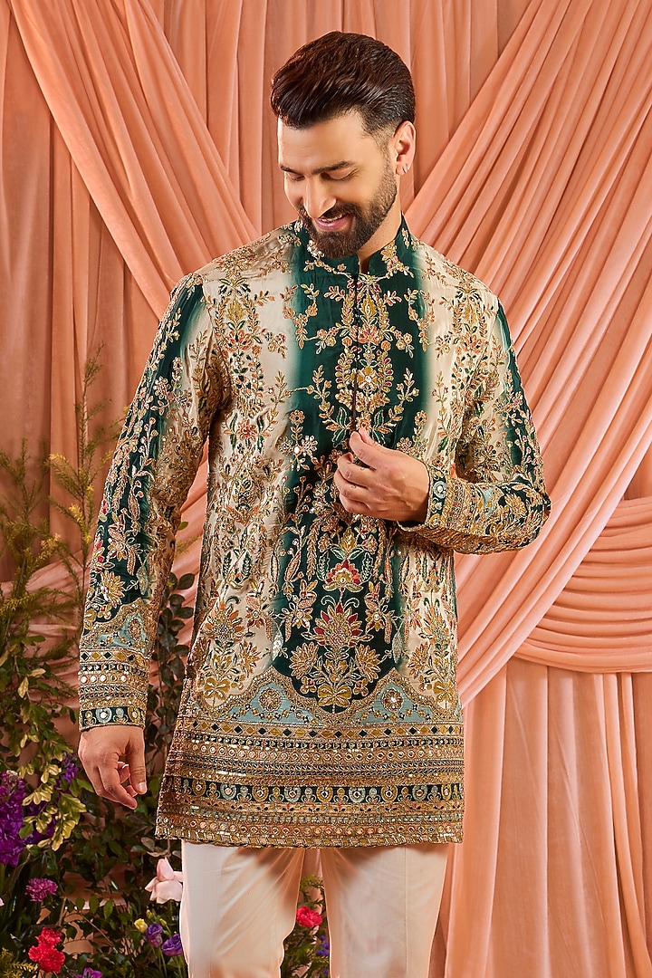 Green Crepe Silk Floral Embroidered Short Kurta by Kasbah Clothing at Pernia's Pop Up Shop