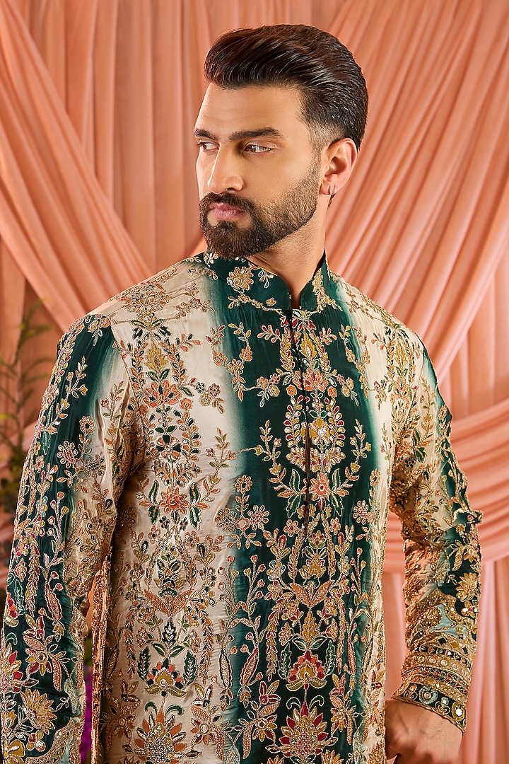 Green Crepe Silk Floral Embroidered Short Kurta by Kasbah Clothing at Pernia's Pop Up Shop