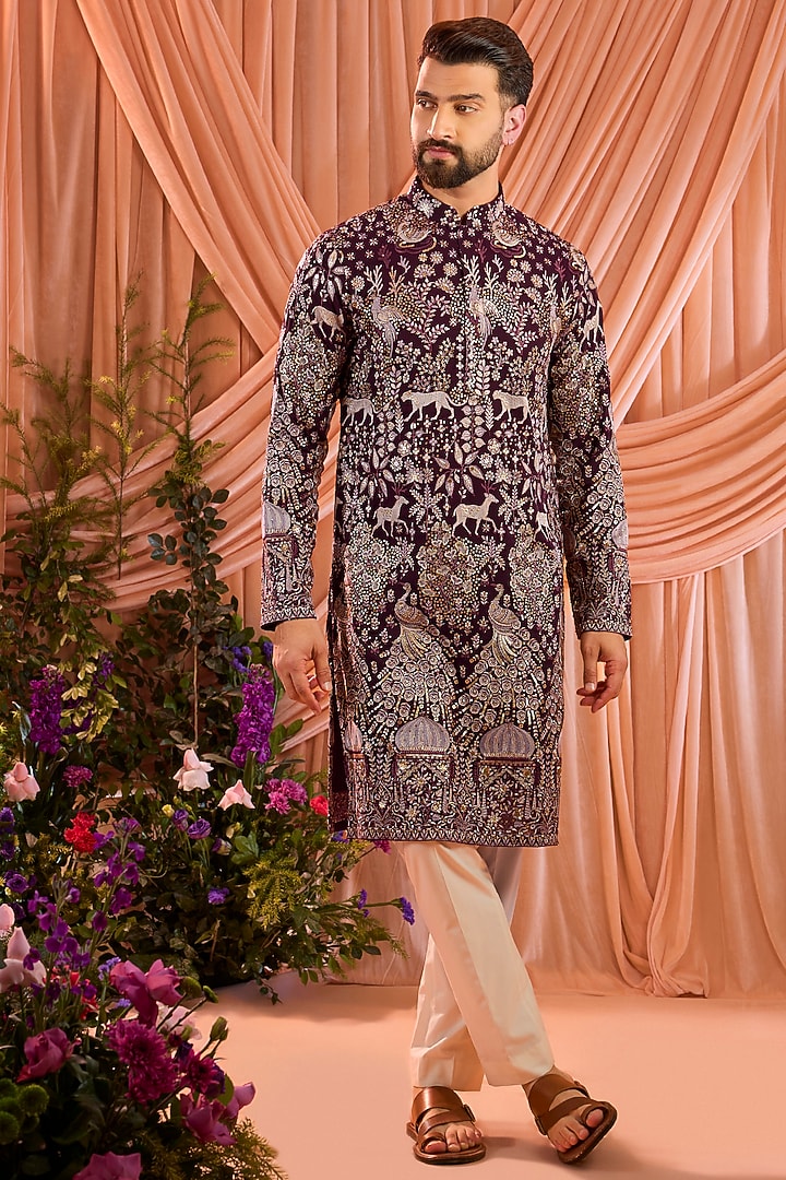 Wine Georgette Zari Work Kurta by Kasbah Clothing at Pernia's Pop Up Shop