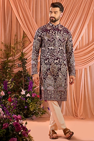 Wine Georgette Zari Work Kurta by Kasbah Clothing