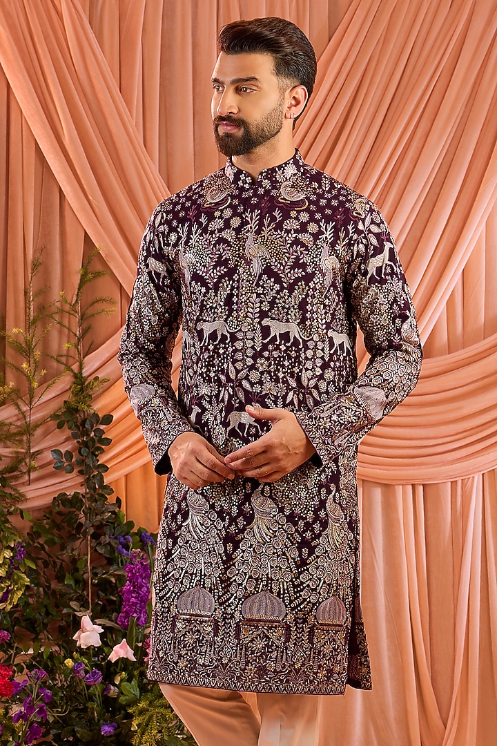 Wine Georgette Zari Work Kurta by Kasbah Clothing at Pernia's Pop Up Shop