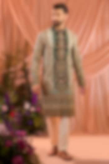 Green Crepe Silk Floral Embroidered Kurta by Kasbah Clothing at Pernia's Pop Up Shop