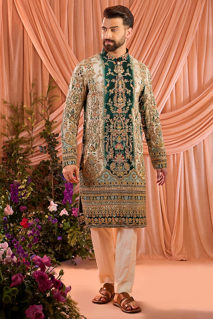 Green Crepe Silk Floral Embroidered Kurta by Kasbah Clothing at Pernia's Pop Up Shop