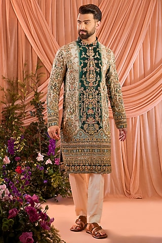 Green Crepe Silk Floral Embroidered Kurta by Kasbah Clothing
