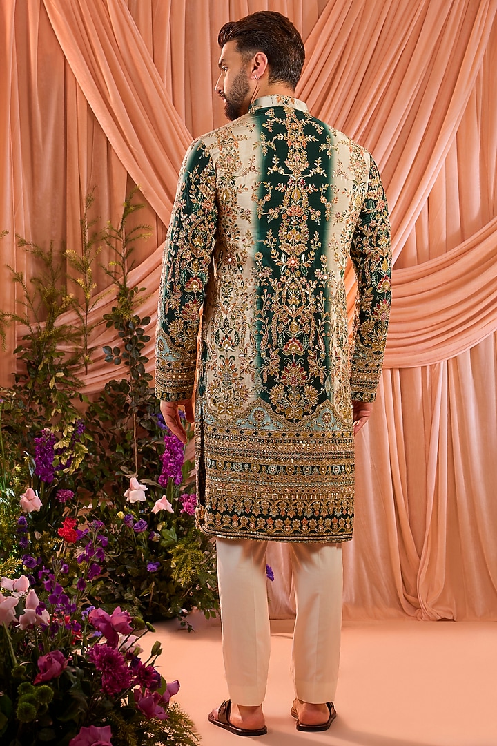 Green Crepe Silk Floral Embroidered Kurta by Kasbah Clothing at Pernia's Pop Up Shop