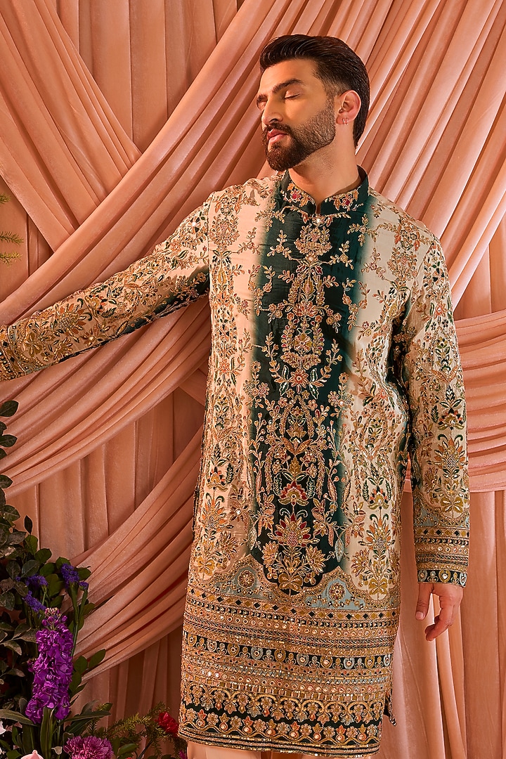 Green Crepe Silk Floral Embroidered Kurta by Kasbah Clothing at Pernia's Pop Up Shop