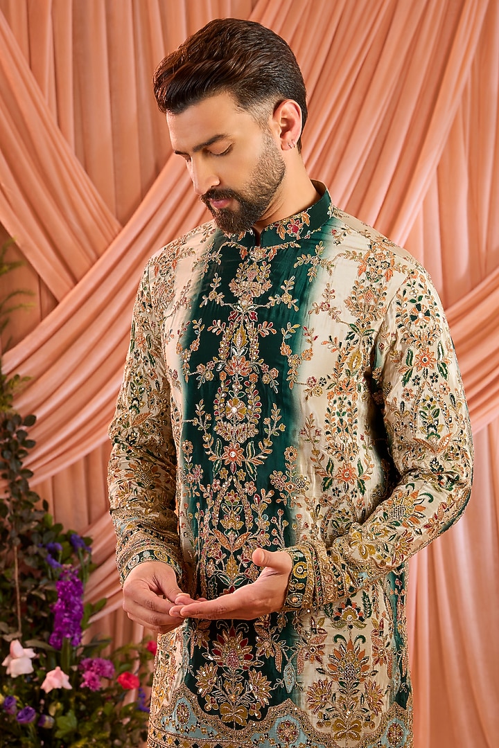 Green Crepe Silk Floral Embroidered Kurta by Kasbah Clothing at Pernia's Pop Up Shop