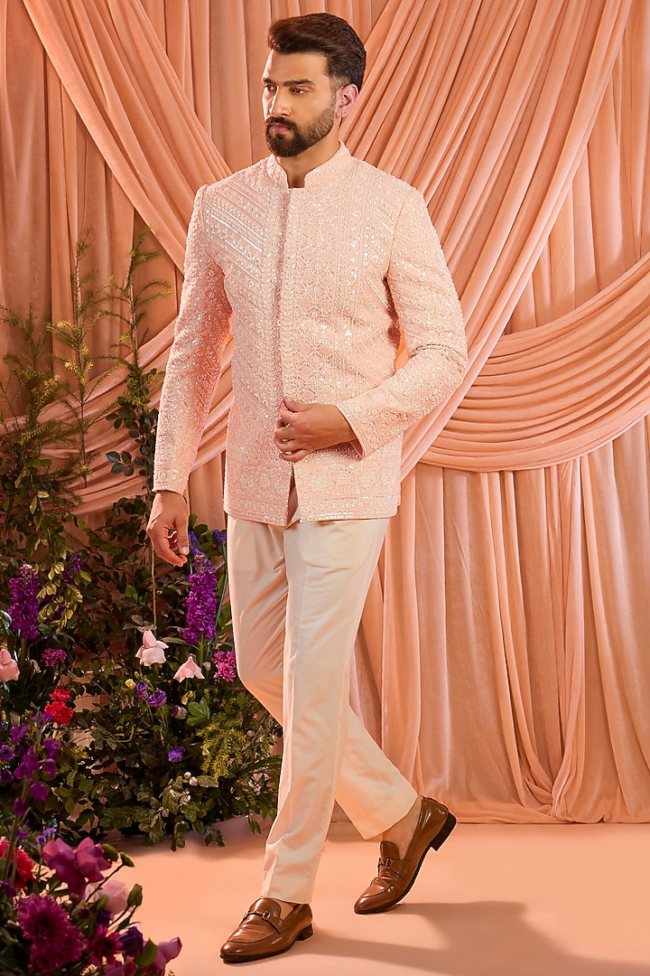 Pink Georgette Hand Embroidered Wedding Bandhgala by Kasbah Clothing at Pernia's Pop Up Shop