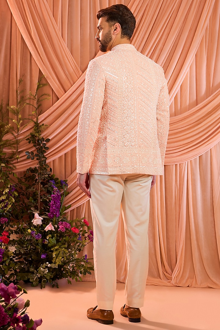 Pink Georgette Hand Embroidered Wedding Bandhgala by Kasbah Clothing at Pernia's Pop Up Shop