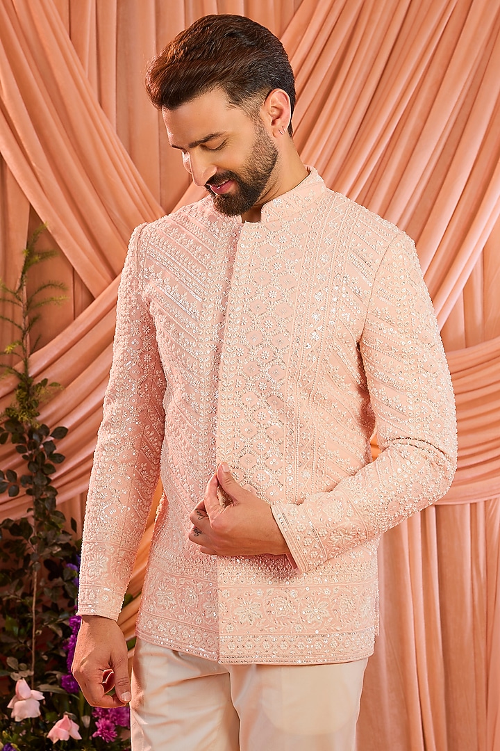 Pink Georgette Hand Embroidered Wedding Bandhgala by Kasbah Clothing at Pernia's Pop Up Shop