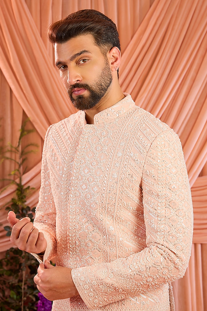 Pink Georgette Hand Embroidered Wedding Bandhgala by Kasbah Clothing at Pernia's Pop Up Shop