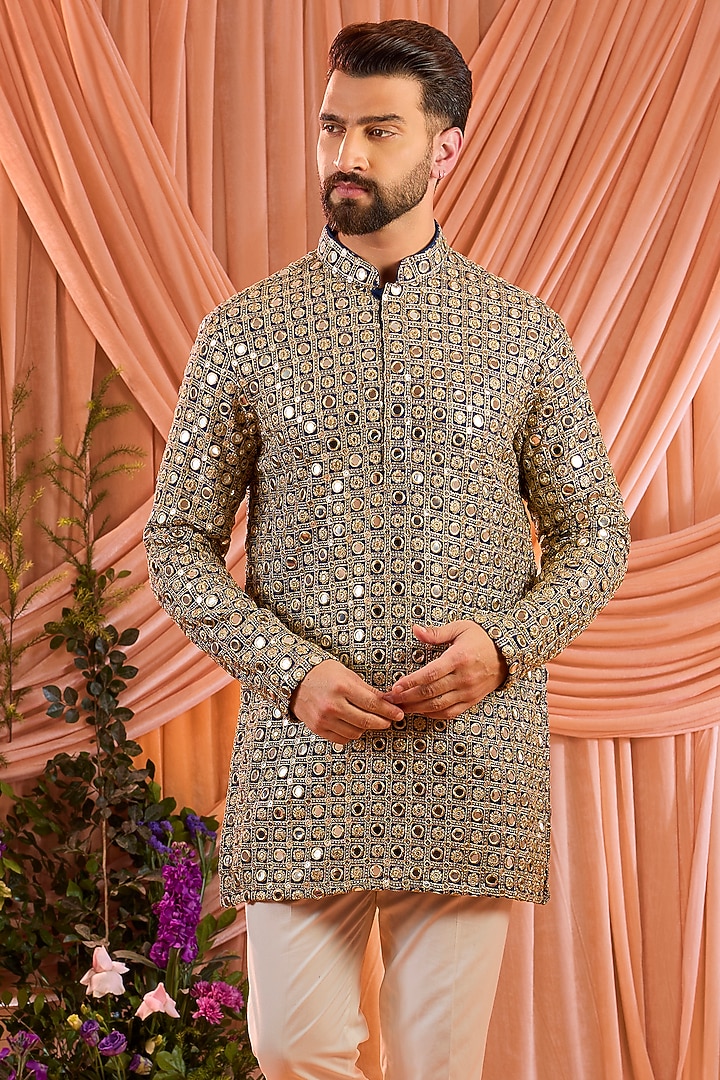 Blue Georgette Mirror Work Short Kurta by Kasbah Clothing at Pernia's Pop Up Shop