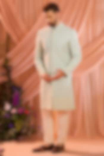 Aqua Blue Georgette Hand Embroidered Wedding Sherwani by Kasbah Clothing at Pernia's Pop Up Shop