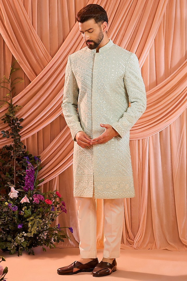 Aqua Blue Georgette Hand Embroidered Wedding Sherwani by Kasbah Clothing at Pernia's Pop Up Shop