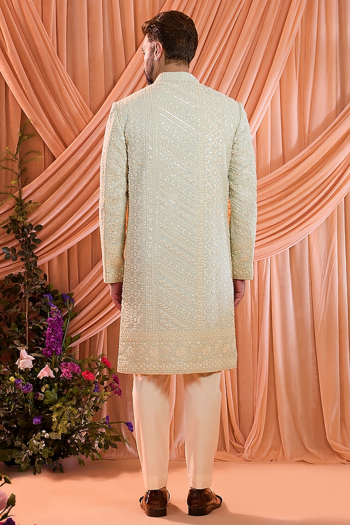 Aqua Blue Georgette Hand Embroidered Wedding Sherwani by Kasbah Clothing at Pernia's Pop Up Shop