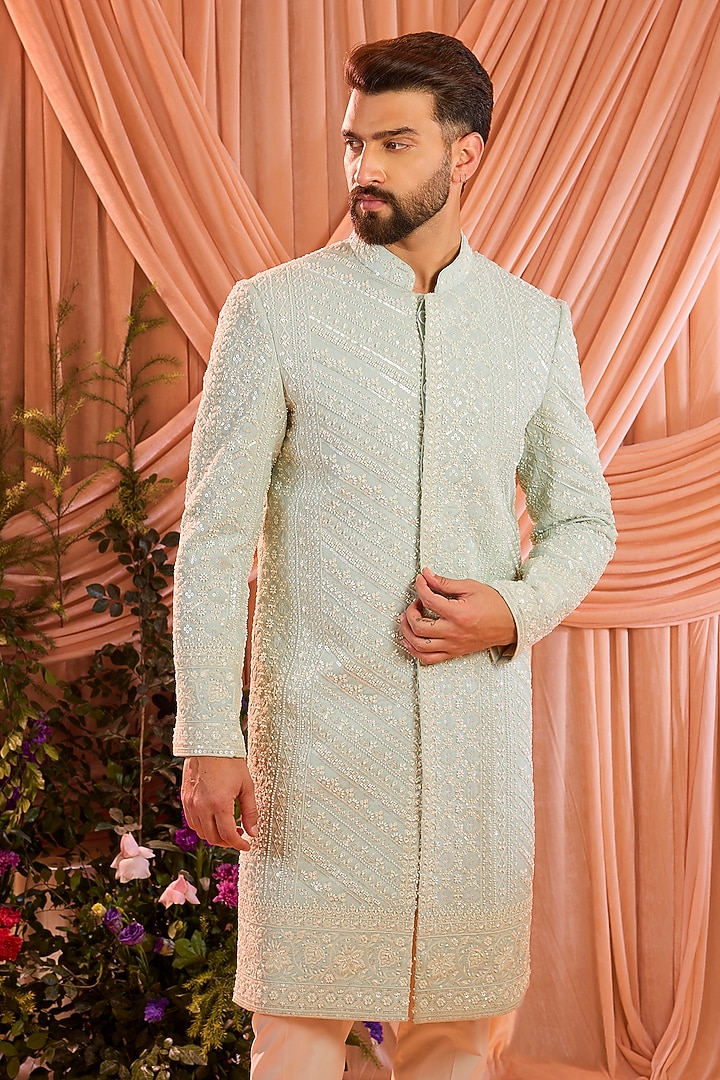 Aqua Blue Georgette Hand Embroidered Wedding Sherwani by Kasbah Clothing at Pernia's Pop Up Shop
