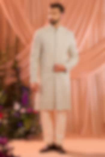 Mouse-Brown Georgette Hand Embroidered Wedding Sherwani by Kasbah Clothing at Pernia's Pop Up Shop