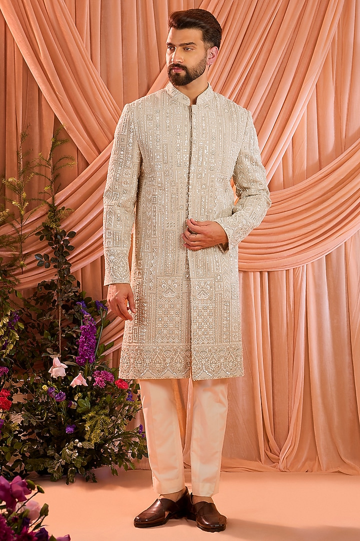 Mouse-Brown Georgette Hand Embroidered Wedding Sherwani by Kasbah Clothing at Pernia's Pop Up Shop