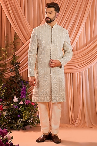 Mouse-Brown Georgette Hand Embroidered Sherwani by Kasbah Clothing