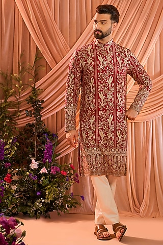 Hot Pink Georgette Zari Work Kurta by Kasbah Clothing