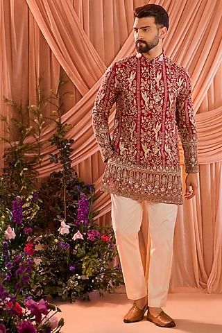 Hot Pink Georgette Zari Work Chikankari Short Kurta by Kasbah Clothing