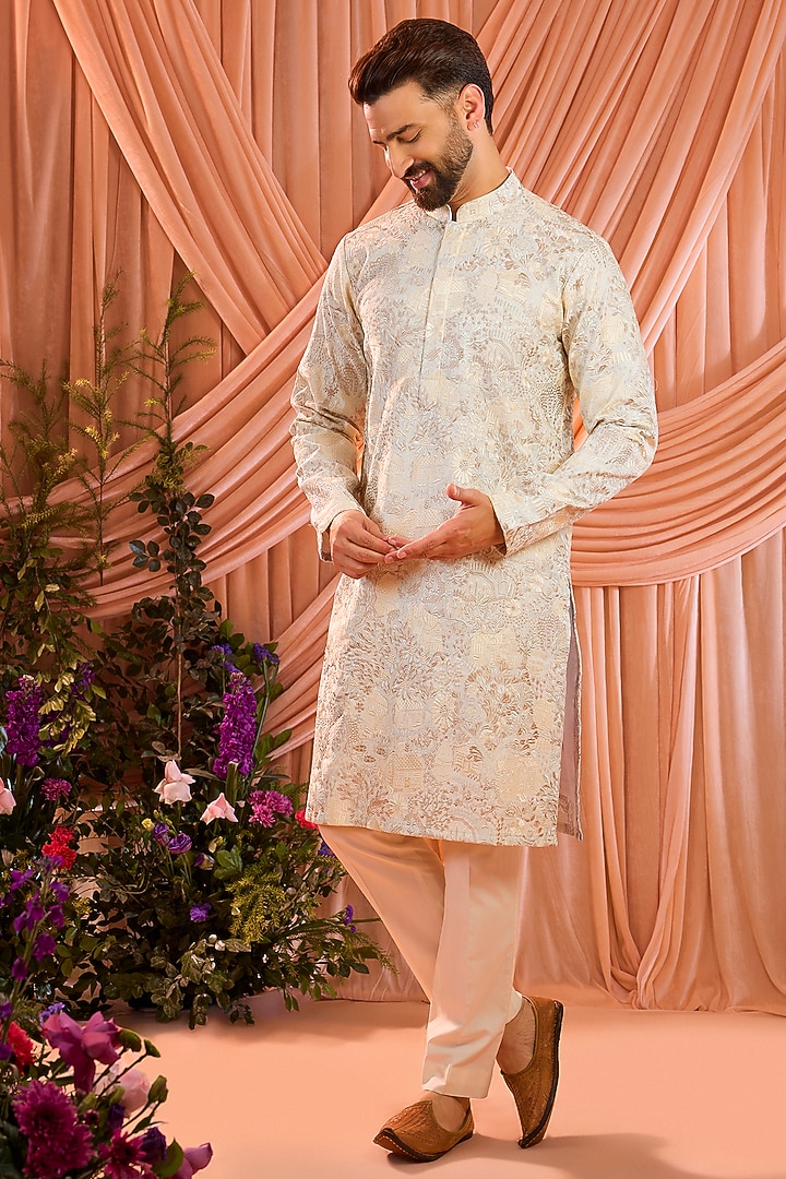 Cream Silk Threadwork Chikankari Kurta by Kasbah Clothing at Pernia's Pop Up Shop