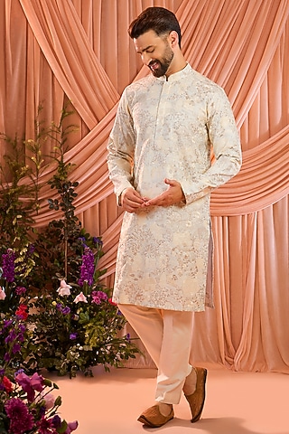 Cream Silk Threadwork Chikankari Kurta by Kasbah Clothing